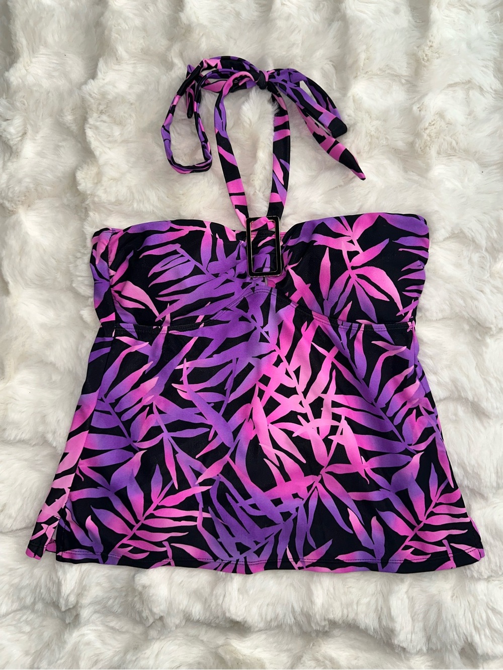 Women’s Swim 2000’s Purple and Pink Leaf Print Halter Tankini Top Essential